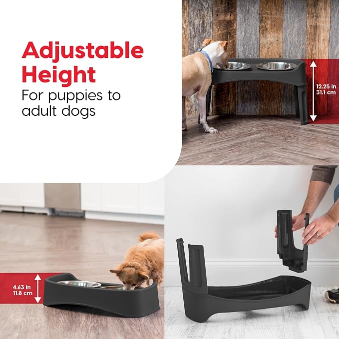 IRIS USA Elevated Dog Bowls, Dual Height 4.63" or 12.25" Made in USA, Black | Includes 2 Stainless Steel Bowls (64oz), Spill Guard, Height Adjustable, Non-Slip Feeder, Helps Reduce Neck Strain