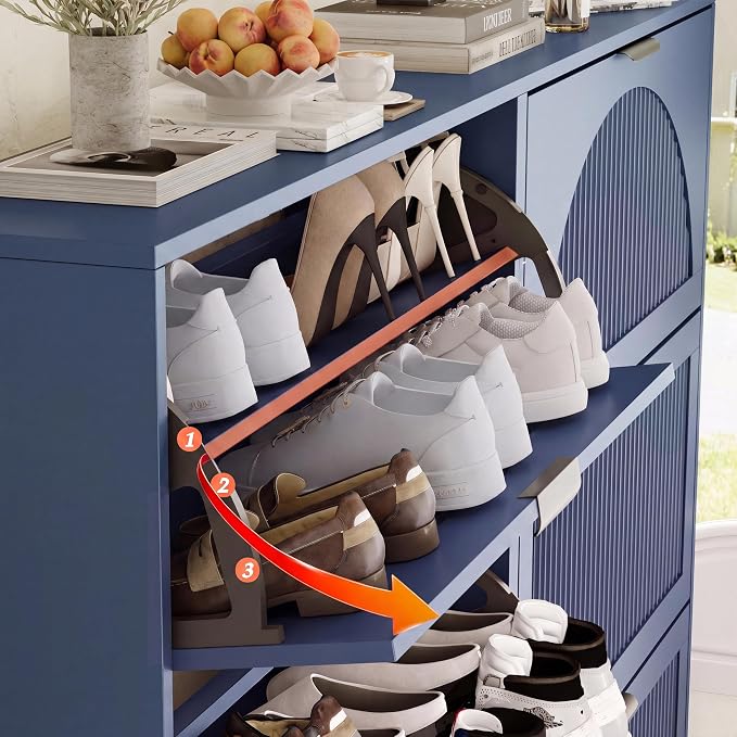 Shoe Storage Cabinet with 6 Flip Drawers, Narrow Wood Shoe Organizer Cabinet with Fluted Panel, Slim Shoe Rack for Entryway, Freestanding Shoe Cabinet for Living Room, Hallway, Blue