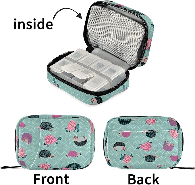 Naanle Swirl Cartoon Turtle Pill Box 7 Day Pill Case Travel Pill Organizer Bag with Zipper Portable Weekly Case Compact Size for Vitamin Supplement Holder Home