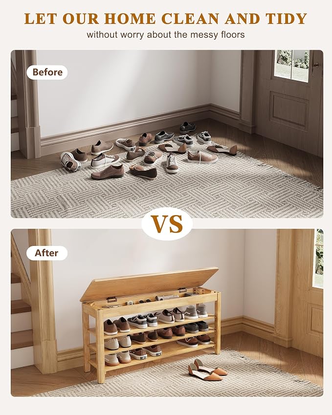 IUNVR Shoe Rack Bench Seat Rubberwood 3-Tier Wooden Storage Bench 550lbs Compact Mid-Century Modern Design for Entryway, Hallway, Closet, Front Door Entrance, Foyer