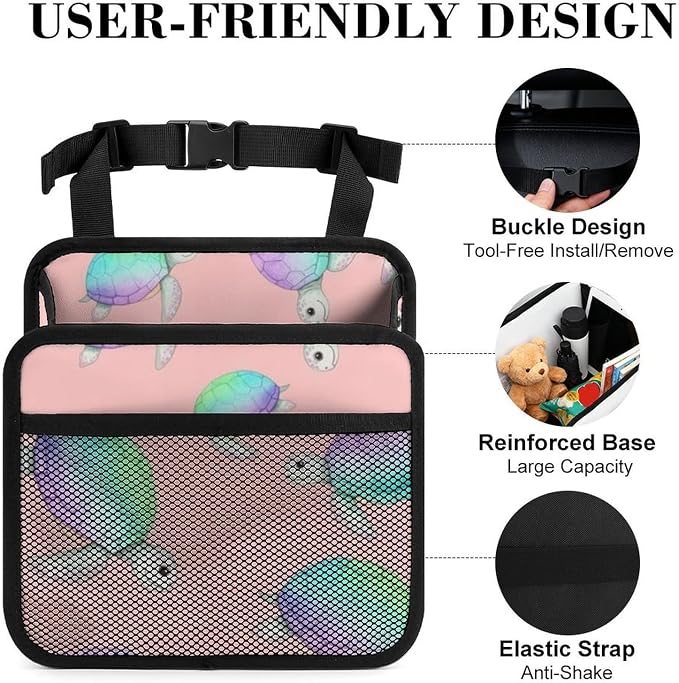 Auto Seat Back Organizer Car Hanging Storage Bag with Mesh Pocket, | Watercolor Sea Turtles Pink, PU Leather Vehicle Backseat Pouch Automotive Interior Accessories