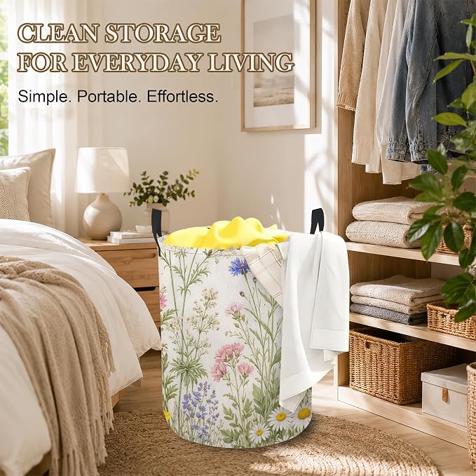 Flower Herbs Laundry Basket Oxford Cloth Wild Plant Laundry Hamper With Handle Foldable Portable Clothes Storage Basket Storage Bag For Laundry Room/Bathroom/Bedroom/Dormitory 20.8"x16"
