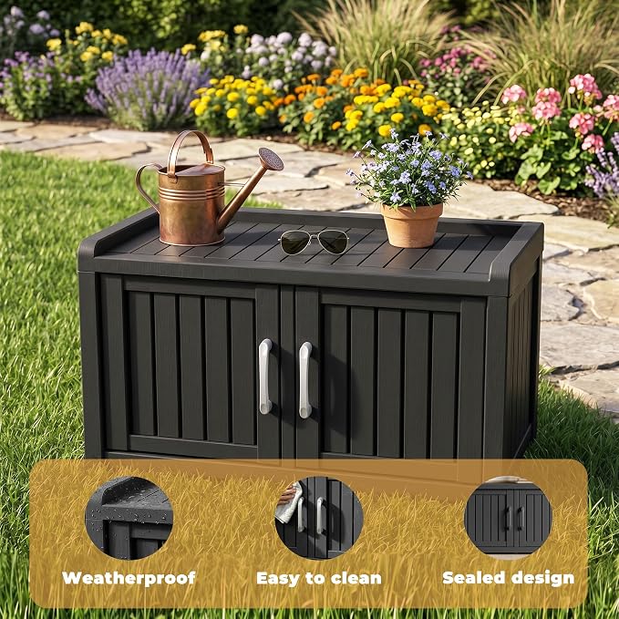ROJIK Shoe Storage Bench, Shoe Cabinet Double Door, Black | Waterproof UV-Resistant,Storage Bench Indoor Outdoor with Adjustable Shelves,for Entryway Bedroom,Hallway,Living Room