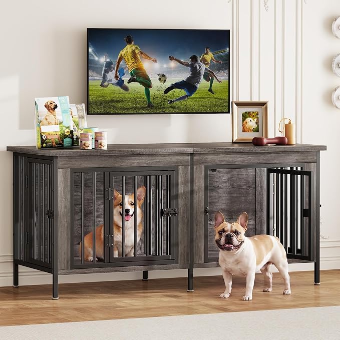 DUMOS 54" Dog Crate Furniture for 2 Dogs with Divider, Gray Wood Grain | Wooden Dog Kennel Furniture, Small Breed Center Divider and Double Doors, Heavy Duty Indoor Dog Cage, TV Stand, Side Table