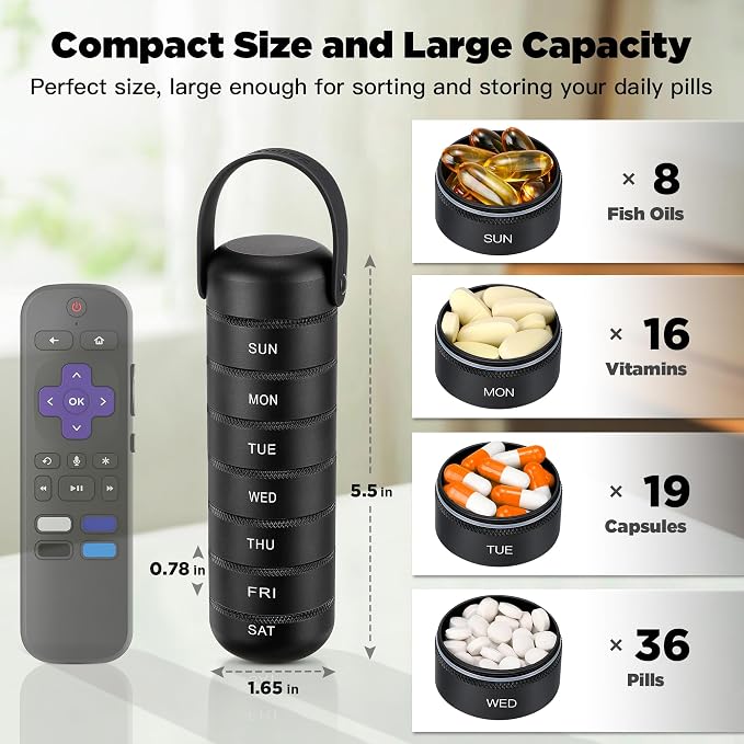 Zannaki Metal Weekly Pill Organizer, Large Travel Pill Box 7 Day, Waterproof Daily Pill Case with Silicone Handle, Aluminum Alloy Portable Pill Holder Container for Vitamin, Medicine, Supplement,Pills