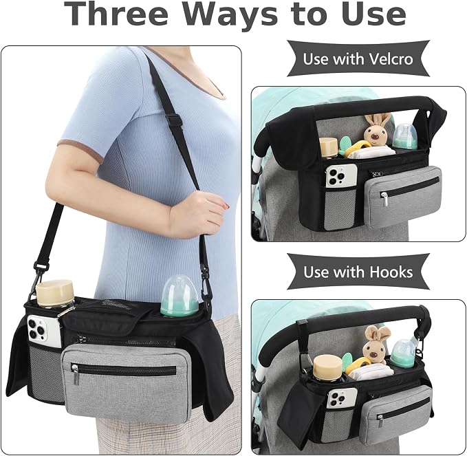 Accmor Universal Stroller Organizer with Insulated Cup Holder Detachable Phone Bag and Shoulder Strap,Stroller Bag Caddy Organizer for Uppababy, Baby Jogger, Britax Strollers