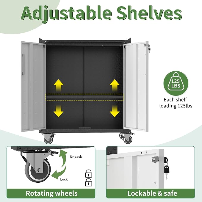 Metal Garage Storage Cabinet System,5 Pcs Workshop Tool Cabinet Set in Gray | Including 2 Pcs Wall Cabinets 3 Pcs Garage Tool Cabinets with Wheels,Assembly Required