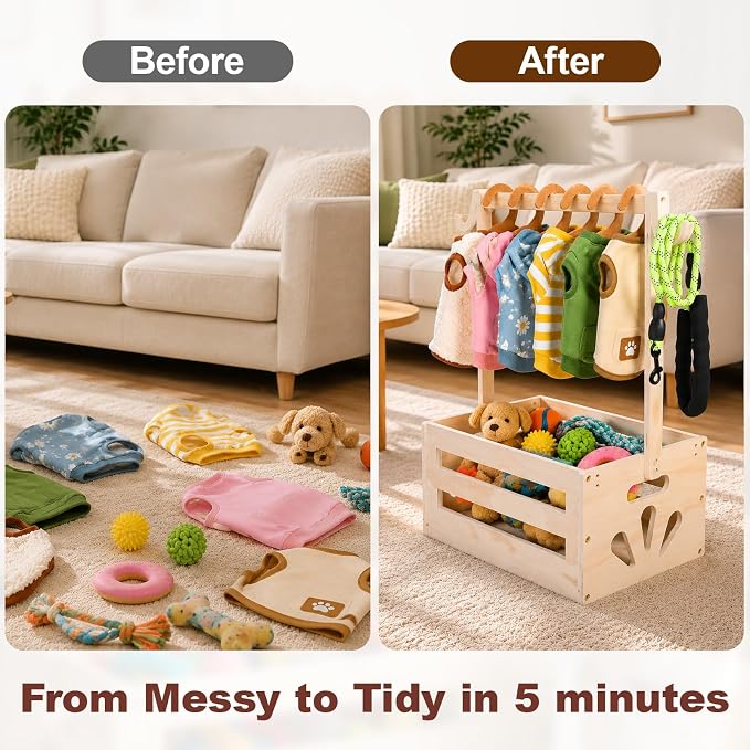Dog Closet, Wooden Dog Clothes Closet with Hanging Rods and Leash | Pet Wardrobe Crate Box, Dog Clothing Rack, Pet Wardrobe Closet for Dog Cat Toys Clothes Organization Storage