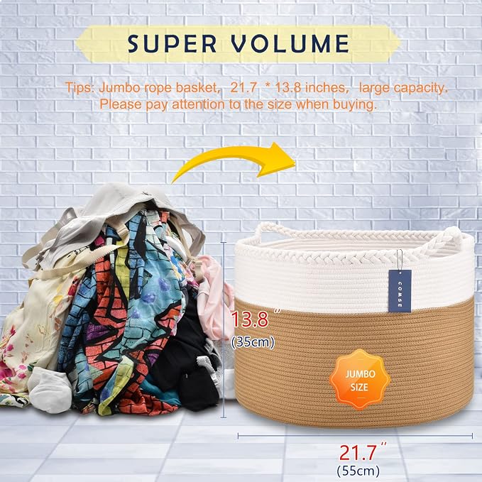 COMSE XXXLarge Woven Blanket & Laundry Basket, 87L, White & Camel | 21.7" x 13.8", Cotton Rope, Nursery Hamper for Storage of Toys Clothes Towels, Ideal for Living Room Bedroom Bathroom