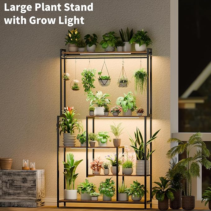 MJOMKN Large Plant Stand Indoor with Grow Light, 72" Tall, 5 Tiers | Metal Plant Shelf, 12 Pots Holder, Heavy-Duty Rectangle Display Rack, For Living Room, Patio, Corner