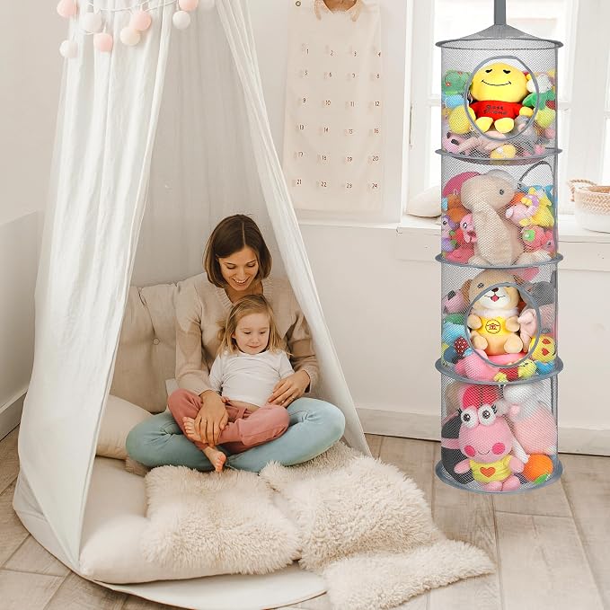 2Pcs Hanging Stuffed Animal Storage Hammock Net 4 Tiers, Grey | Hanging Mesh Storage Organizer for Kids Room, Holds Plushies, Gloves, Hats, Socks, Foldable Space-saving Design
