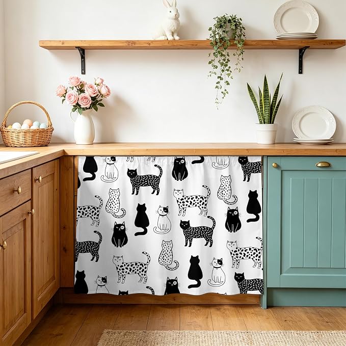 Cat Animal Cabinet Curtain 28"Wx35"L,Dustproof Under Sink Skirt with Self Adhesive Tape,Black White Earthy Tone Pet Modern Minimalist Cabinet Curtain Cover for Bathroom Vanity,Kitchen Sink,Laundry