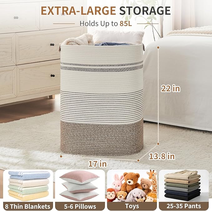 AINUOQI Laundry Hamper - Tall Woven Rope Laundry Basket - Clothes hamper with Leather Handles, 17" X 13.8" X 22", Blanket Storage Basket for Living Room, Rice Brown & White