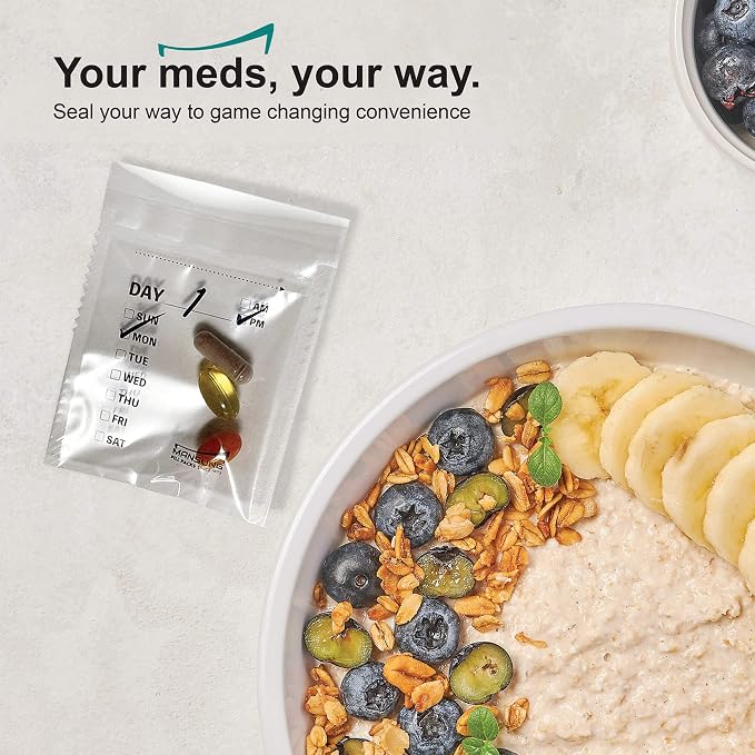 Mansung M 600 Bags/Week, Heat Seal Pill Bag pouche Pack Sealed for Medicine Funnel Tray Loading AM PM Organizer Dispenser kit Daily Sealing Filler Vitamin sorter envelopes Machine Blister Packs