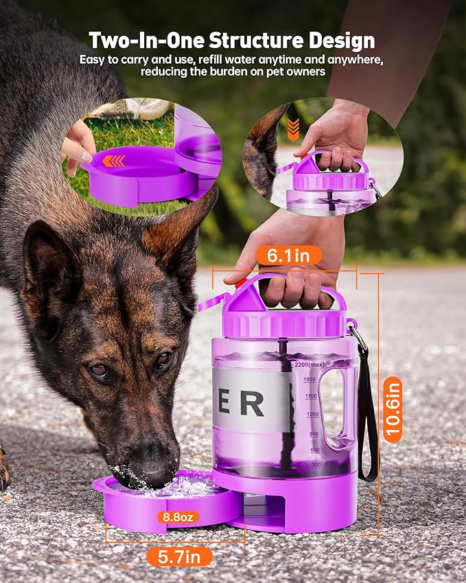 Dog Water Bottle Portable - 77 oz Dog Water Bottle with Bowl Leak Proof, 2 in 1 Pet Travel Cup Suitable Outdoor, Camping, Walking, Beach, Hunting, Large Pet Gear for Dog Lovers （Purple）