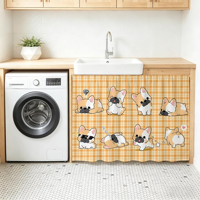 Cute Puppy Oven Skirt Curtain for Kitchen Decor 28"x35", Orange Beige Plaid Modern Funny Dogs Pet Self Adhesive Stove Curtains Skirt Cabinet Curtains for Bathroom Laundry Room