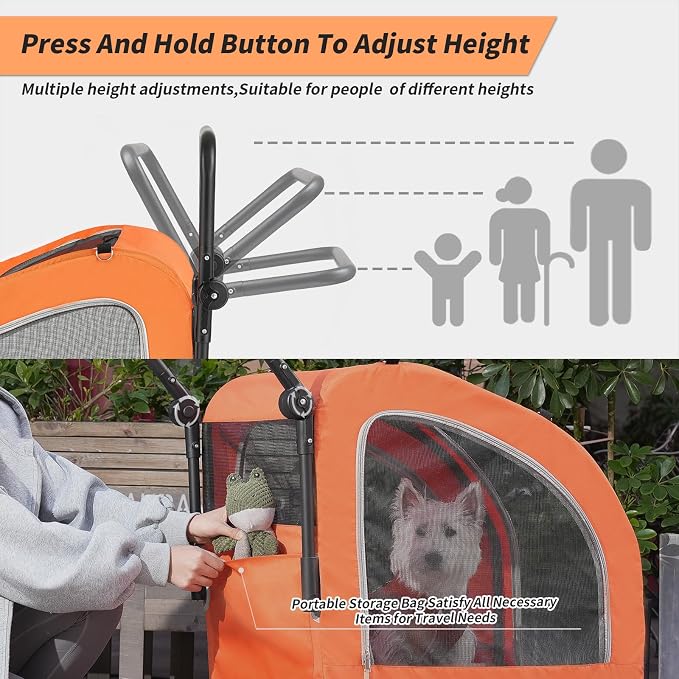 EchoSmile 4-Wheel Pet Stroller for Dogs & Cats, Up to 135 lbs, Orange | Lightweight Carrier · Storage Basket Included · Adjustable Handle · Removable Pad