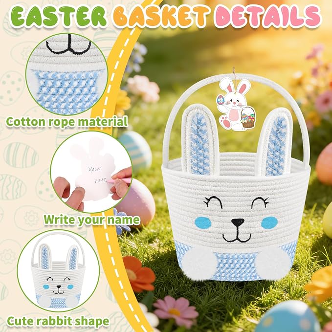 Easter Basket, Personalized Baby Easter Gifts Basket Empty with Handle, Bunny Ears Headband, Woven Cotton Rope Egg Baskets for Boys Girls Kids Toddler
