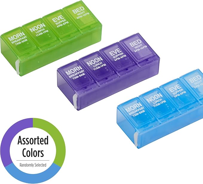 EZY DOSE Daily Pill Planner, Medicine Case, Vitamin Organizer Box, Locking Compartments to Secure Prescription Medication and Prevent Accidental Spilling, 4 Times per Day, Color May Vary, BPA Free