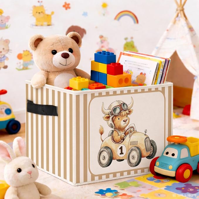 Race Car Highland Cow Beige Stripe Foldable Fabric Storage Bin | Highland cow race car and beige stripe design; collapsible bin for toys, books, clothes in kids room, nursery or playroom.
