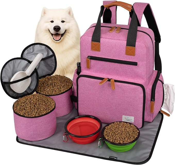 Modoker Dog Travel Backpack Set with 2 Food Bags, 2 Bowls and 1 Mat, Pink | Water-Resistant Oxford Fabric | Roomy Main Compartment | Multiple Functional Pockets | Stroller Strap | Leak-Resistant Lining