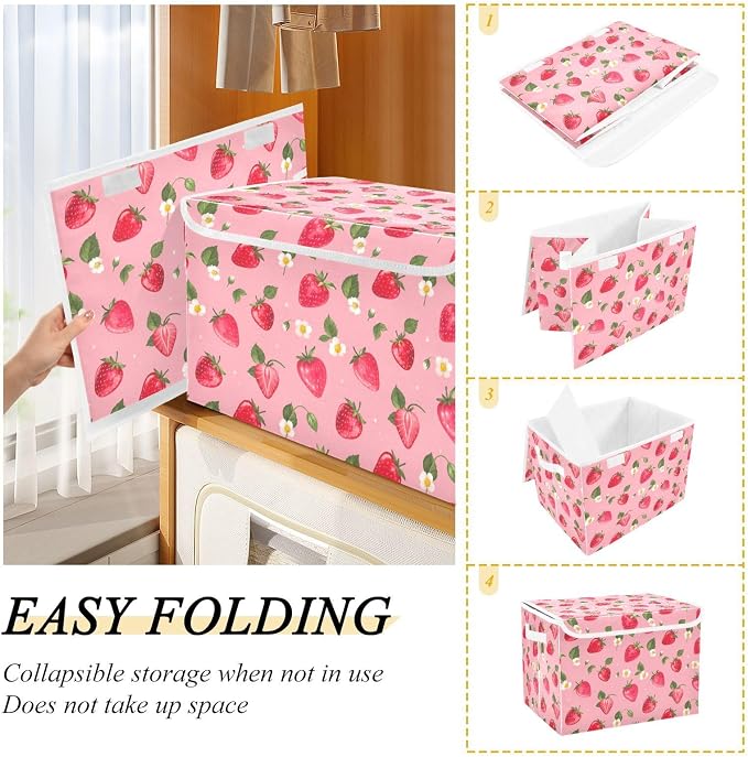Storage Bins with Lid Strawberry Daisy Foldable Storage Boxes 40L Baskets | Decorative Storage Boxes, 300D Oxford Cloth, Hollow Board Frame, Flip Top Velcro Lid, 16.5x12.6x11.8 inch, Collapsible Design