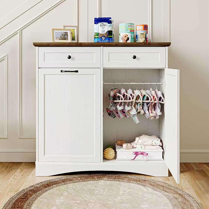 FIMELLO 39.7’’W Dual Doors Dog Food Storage Cabinet, Tilt-Out Dog Feeding Station with 4 Feeding Bowls, Pet Feeder Cabinet, White Grain