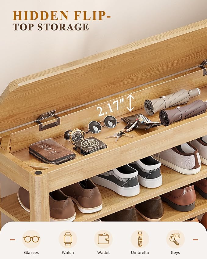 IUNVR Shoe Rack Bench Seat Rubberwood 3-Tier Wooden Storage Bench 550lbs Compact Mid-Century Modern Design for Entryway, Hallway, Closet, Front Door Entrance, Foyer