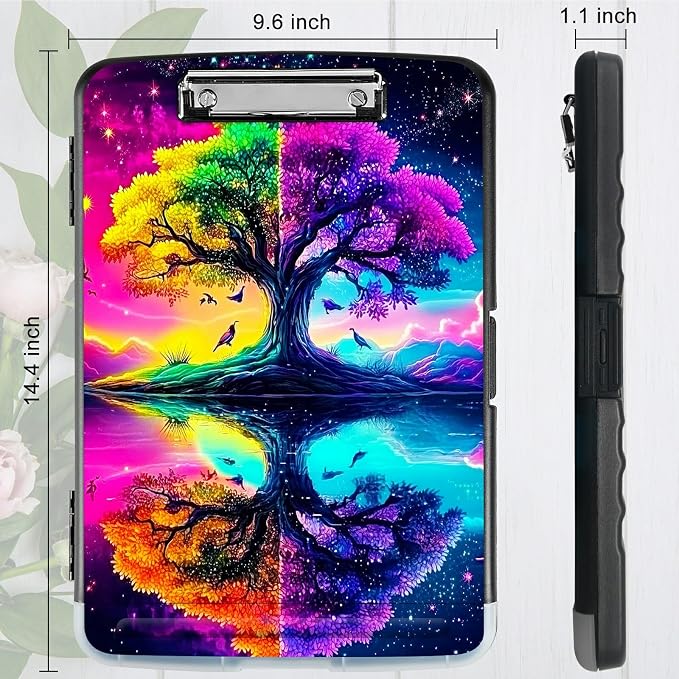 A4 Clipboard with Storage Pen Holder, Clipboards Organizer Nursing Clipboard Foldable File Folder Plastic Clipboard Folio Clip Board for Office Work Classroom Doctor, Purple Green Tree
