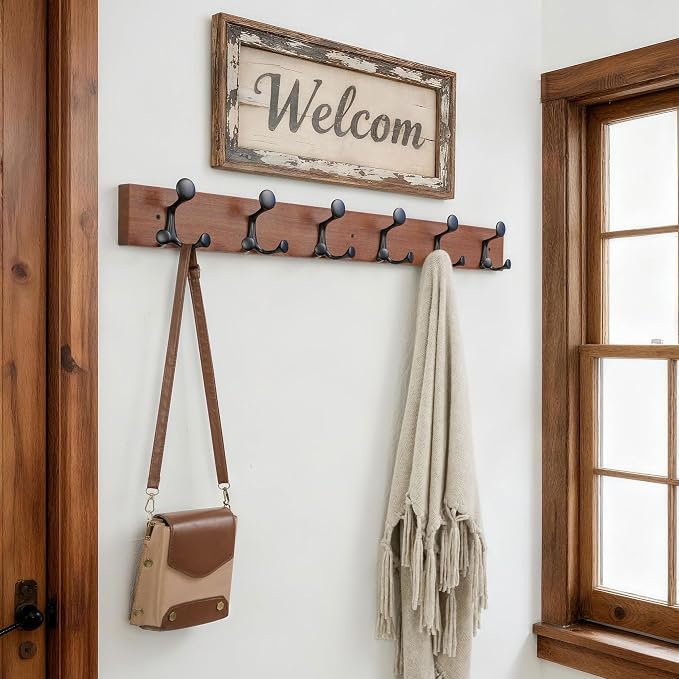 SKOLOO 36-Inch Wood Coat Rack Wall Mount with 6 Triple Hooks - Ideal for Family Entrances, Classrooms, and Pet Supplies Storage - Perfect Coat Hooks for Wall,Mahogany (Sapele), Pack of 2