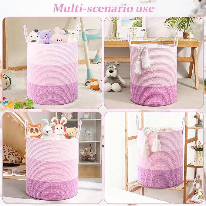 Laundry Hamper for Organizing, 52L Large Laundry Baskets, Cotton Rope Woven Blanket Basket, Collapsible Laundry Hamper for Living Room, Nursery, 15"×18", Pink