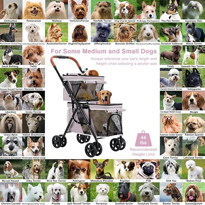 Double Pet Stroller for 2 Dogs & Cats, Double-Decker, Pink | One-Hand Fold Two-Tier Stroller with Separate Cabins, 44 lb Capacity, 4 Tethers, Locking Front Wheels and Rear Brakes