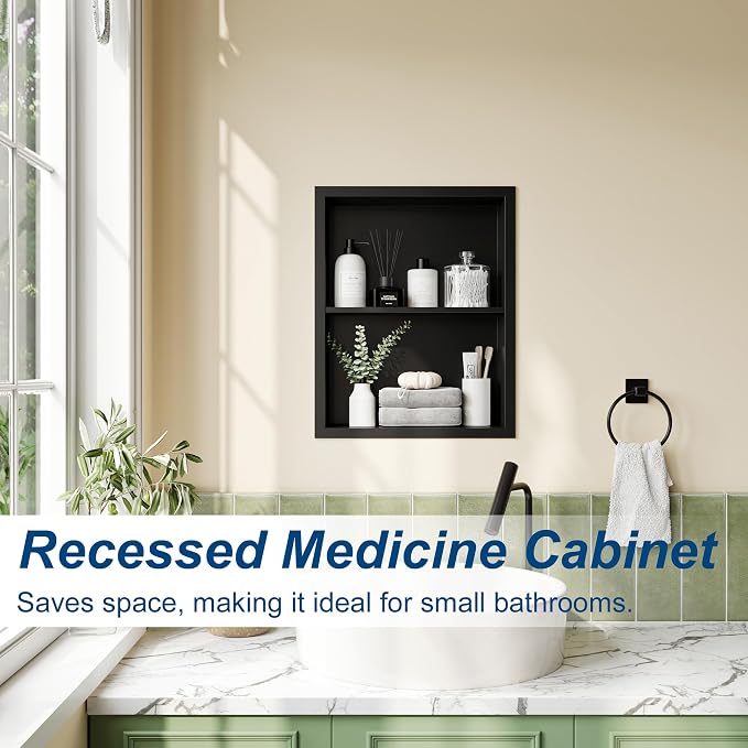 Qeke 14x 18 Medicine Cabinet Recessed with Double Shelves, Matte Black | 304 Stainless Steel Medicine Cabinet without Mirror, No Tile Needed Wall Niche for Bathroom Storage, Space Saving & Durable