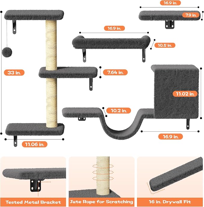 6-in-1 Wall Mounted Cat Climber Set for Heavy Cats,Wall Shelves,Stable & Safe Cat Furniture Set for Large Cats, Wooden Climbing Wall with Scratching Post (Black)