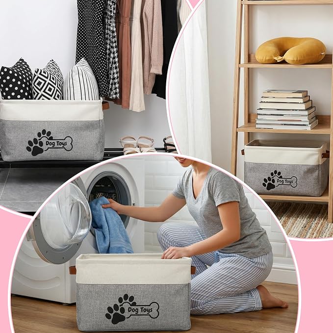 2-Pack Linen Toy Basket for Dogs, Foldable Dog Toy Storage Basket with Handles, Gray Organizer Bin for Pet Toys, Leashes, Blankets & Accessories (15x11x9 Inches)