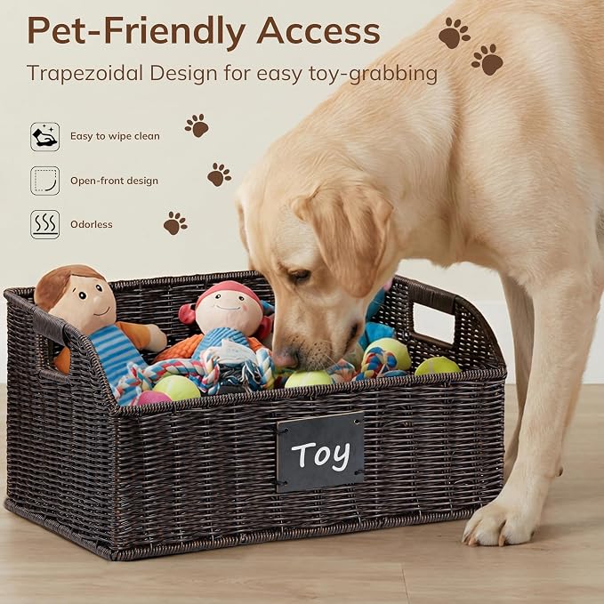 BROWNLILY Storage Box Set of 3, Black | Aesthetic Wicker Pet Storage Baskets with Chalkboard Labels - Low-Front Rattan Bins for Dog, Treats & Leash Organizer