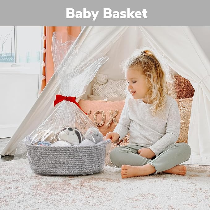 CHICVITA Small Woven Rope Gift Basket, Decorative Boo Basket, Grey | 13" x 10" x 5" Storage Baskets for Baby Shower & Nursery Essentials, Fits Shelf & Closet Organization, Built-In Handles