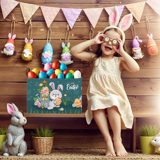 Large Cute Easter Basket for Kid Empty Gift Baby Rectangle Storage Bin Bunny Eggs Boy＆Girl Room Décor (Rabbit Blue)