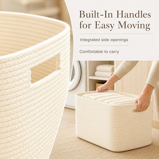 19.2GAL Sturdy Large Laundry Basket with Handles for Bathroom, Dorm Dirty Clothes, Portable Aesthetic Boho Cute Woven Storage Cushion Blanket Baskets for Living Room Decor Girls Boys Pets Toys Beige