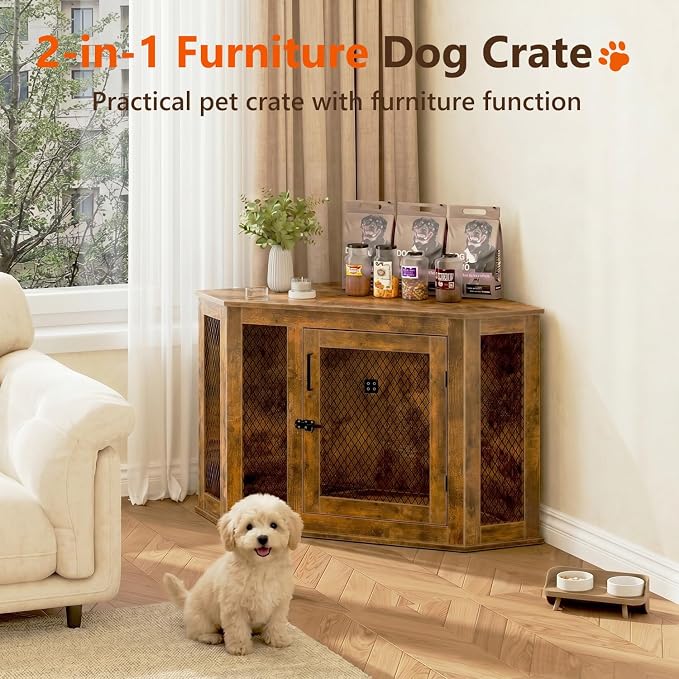 44" Corner Dog Crate Furniture, Wooden Dog Kennel Indoor | Corner Dog Kennel Furniture for Medium-Large Dogs, Brown Space-Saving Decorative Indoor Pet House with Mesh Door & Lock