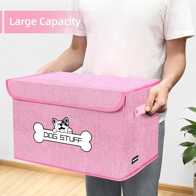 Dog Toy Basket with Lid, Collapsible Box for Pet Accessories | Storage Bin for Living Room, Fabric Container with Handle, Organizer for Small Medium dogs, Pink