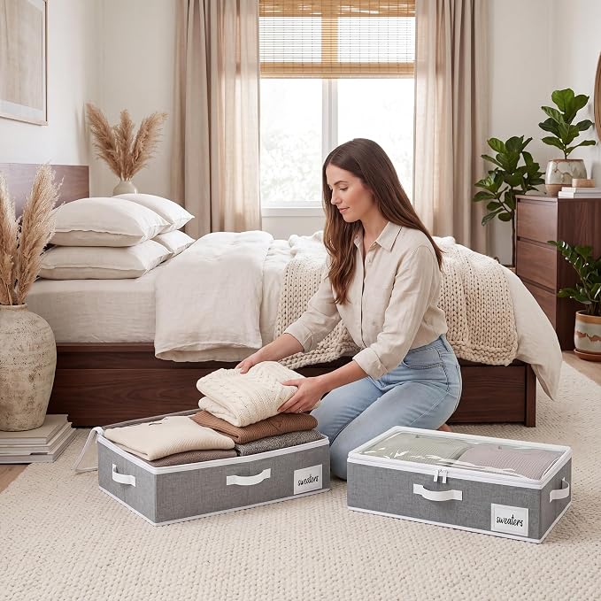 StorageWorks 5 Inch Low Profile Under Bed Storage Containers with Clear Lid | Reinforced Structure, Resists Sagging, Handles & Label Holder, Foldable Stackable Closet Storage for Clothes, Blankets, Toys