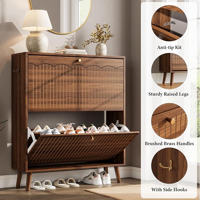 Mid-Century Modern Slim Shoe Cabinet for Entryway, 9.5" Narrow Shoe Storage Cabinet with Architectural Arched Fluted Front, Entryway Shoe Storage with Adjustable Shelves,Classic Walnut