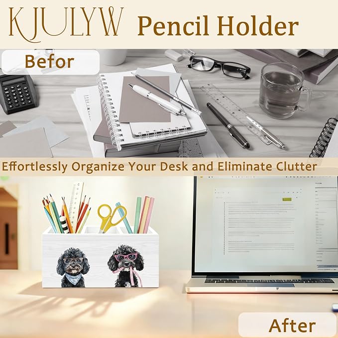 Black Poodle Pen Holder for Desk, Poodle Gifts for Women Men, Dog Lover Gifts Wooden Box Pencil Pen Holder Organizer for Home Office Desk Accessories