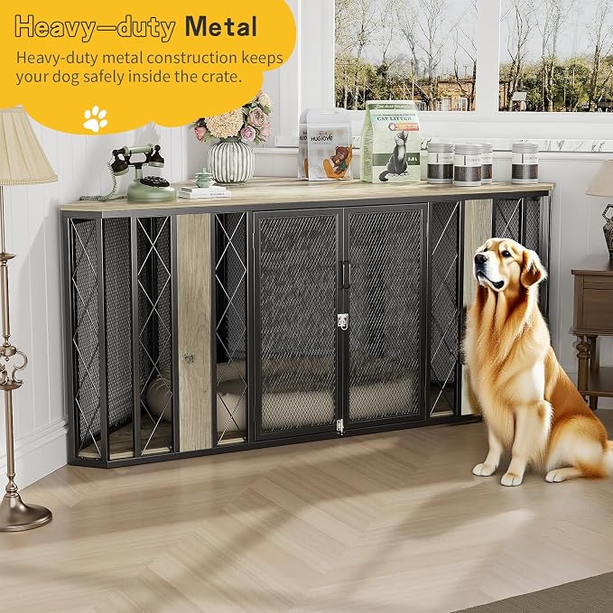 Spacesea XL Corner Dog Crate Furniture, 67" Wooden Corner Dog Kennel, End Table & TV Stand, Chew-Proof, Large Breed Dog Cage for Living Room, Grey