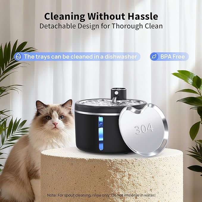 Cat Water Fountain Cordless, 108oz/3L Pet Fountains for Cats Indoor with Stainless Steel Tray, Battery Operated Cat Drinking Fountain with Motion Sens (Black)