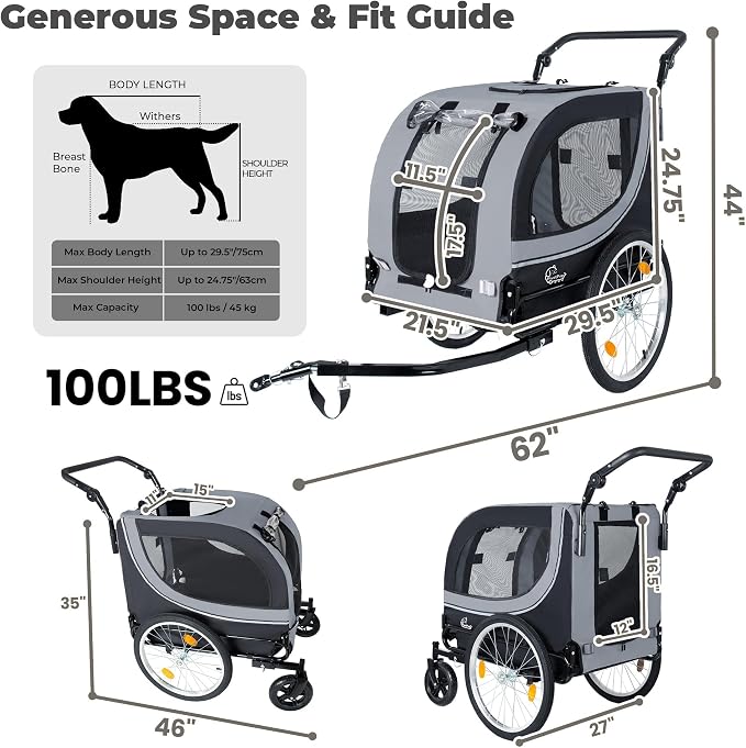 2-in-1 Bike Trailer & Pet Stroller for Dogs up to 100lbs– Foldable Pet Carrier Cart with Two 8'' Front Caster & 20'' Quick Release Air-Filled Wheels, Breathable Mesh and PVC Rain Cover, Gray