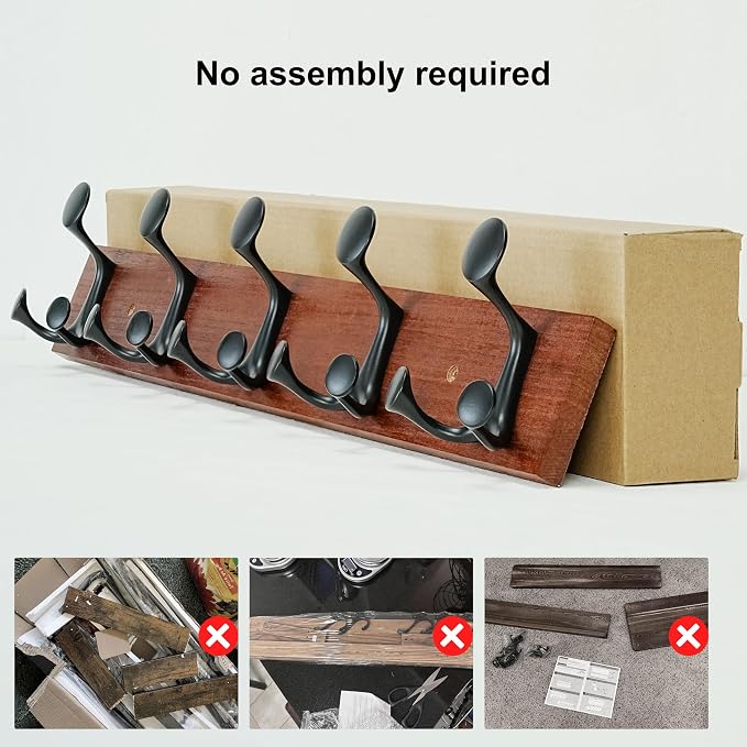 SKOLOO 24-Inch Cherry Wood Coat Rack Wall Mount with 5 Triple Hooks - Ideal for Family Entrances, Classrooms, and Pet Supplies Storage - Perfect Coat Hooks for Wall, Pack of 2