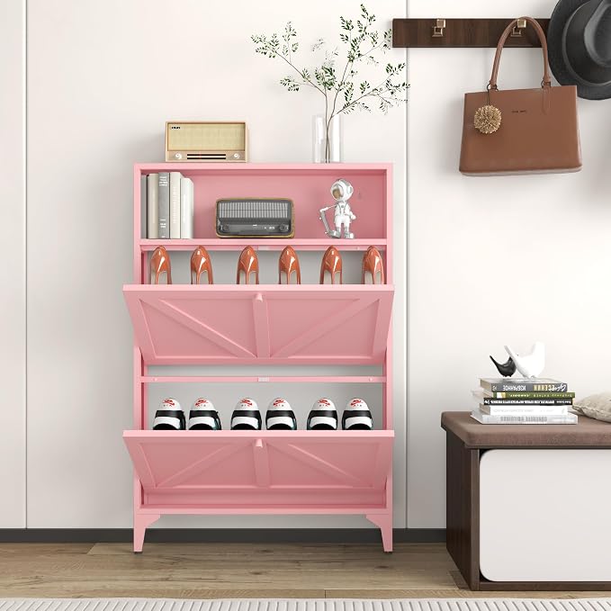 Shoe Cabinet with 2 Flip Drawers, Narrow Shoe Storage Cabinet, Farmhouse Shoe Organizer, Freestanding Organizer with Metal Legs for Entryway, Foyer (Pink, 2 Door)