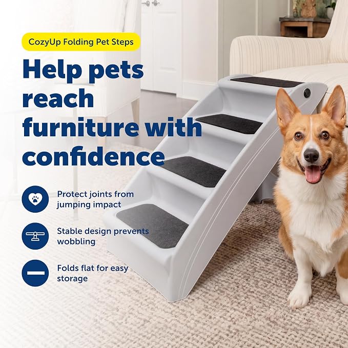PetSafe CozyUp Folding Dog Stairs, 20 in Tall, Gray | Portable & Foldable 4-Step Stairs, Non-Skid Feet, Side Rails, Dog Steps for Bed, for Dogs up to 200 Lb